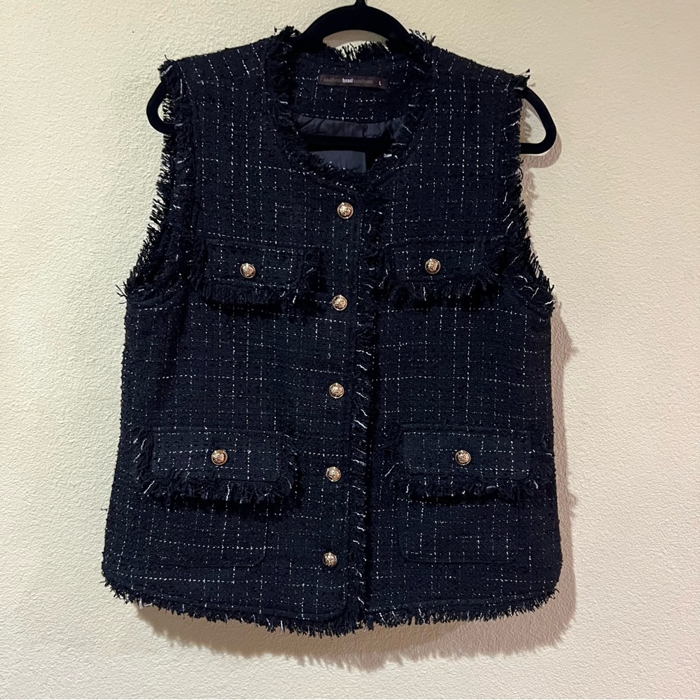 Hazel Black Tweed Vest Gold Buttons Pockets Lined Career Office Elegant Sz L i